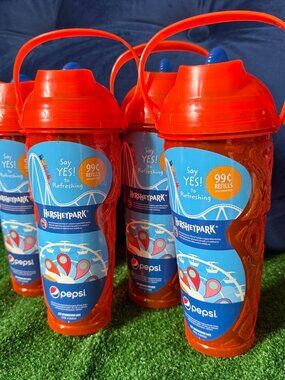 Lot of 4 Hersheypark 2014 Pepsi Refill Souvenir Cups Orange Lid Straw Whirley
